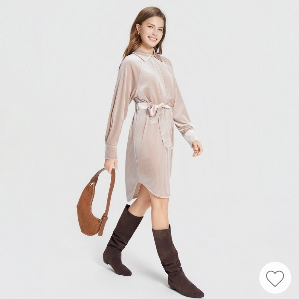 NWT Universal Thread Champagne Velvet Long Sleeve Midi Shirt Dress in XL